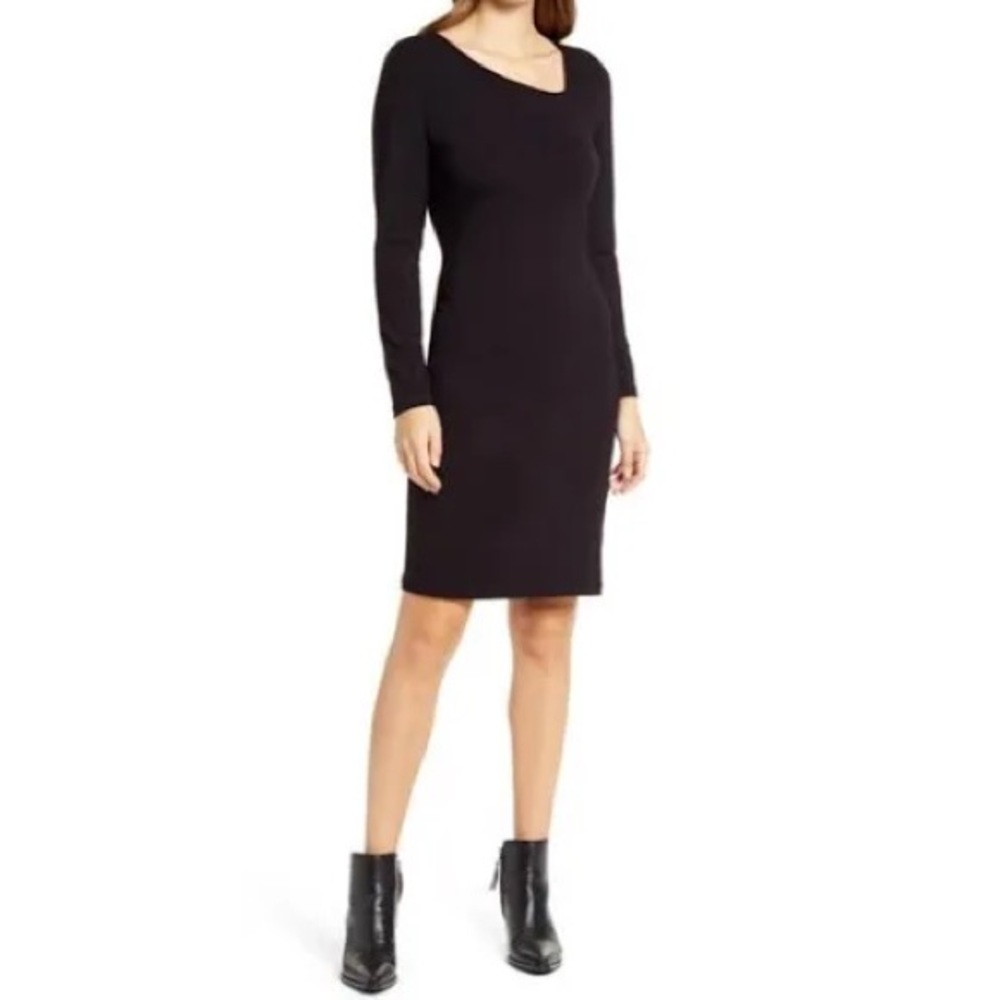 Fraiche by J black dress with asymmetrical neckline